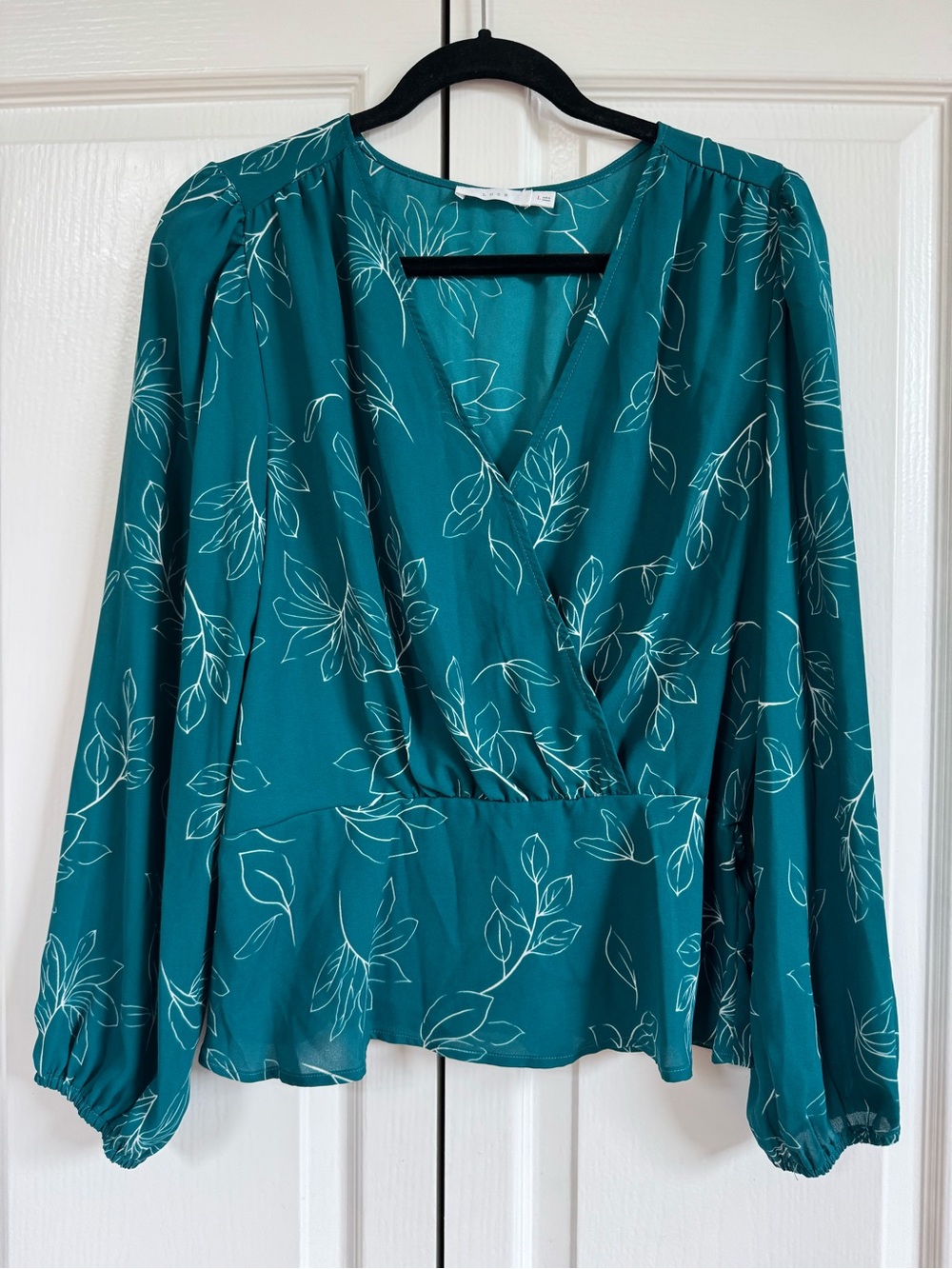 Lush Teal Floral Faux-Wrap Blouse